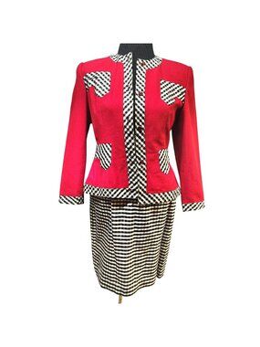 Portrait Silk Skirt Suit Red Collarless Blazer Gingham Check Dress 2pc Set #580